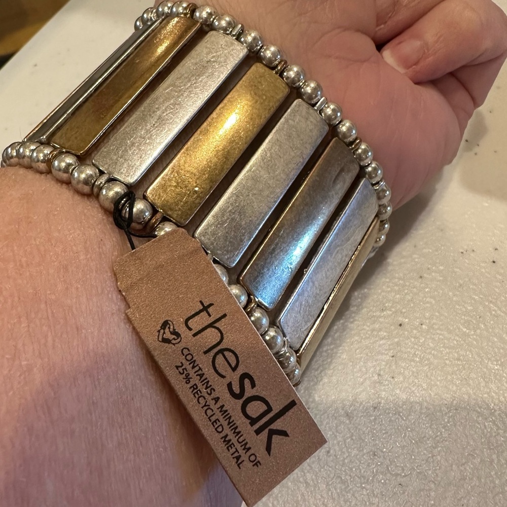 NWT The Sak Bracelet- antiqued silver & gold tone, stretch, wide - Picture 10 of 11